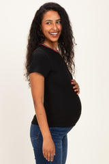Black Ribbed Crewneck Maternity Tee With Contrast Trim