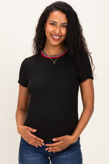 Black Ribbed Crewneck Maternity Tee With Contrast Trim