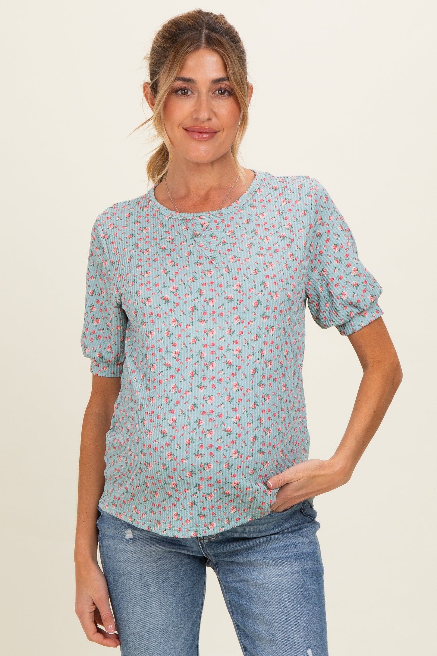Taupe Ribbed Ditsy Floral Puff Sleeve Maternity Top