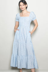 Light Blue Tiny Floral Smocked Puff Sleeve Maxi Dress