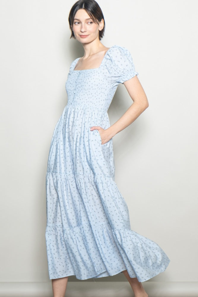 Light Blue Tiny Floral Smocked Puff Sleeve Maxi Dress
