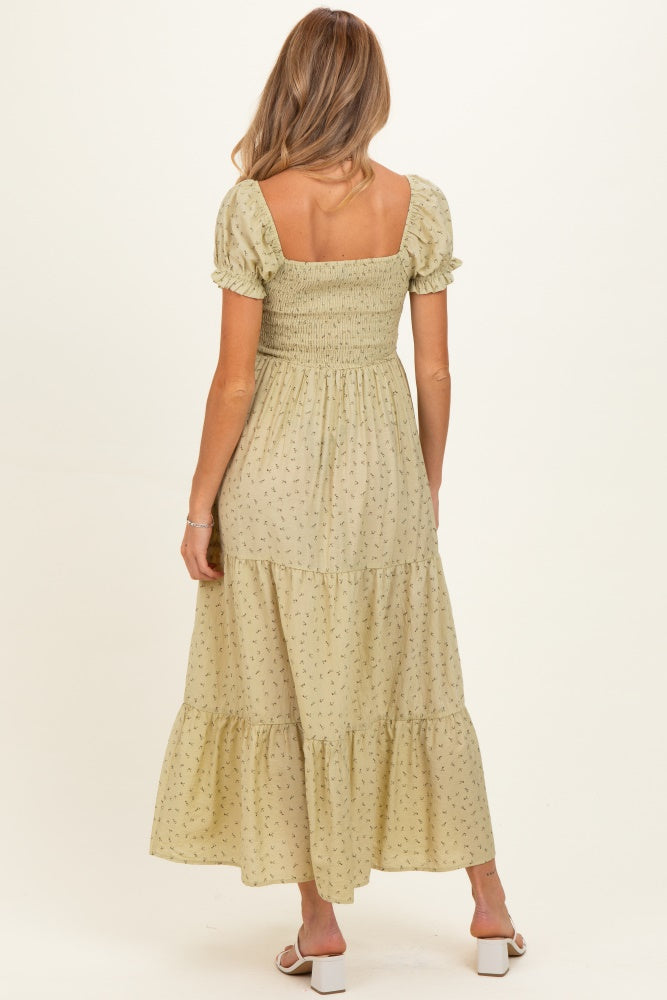 Light Sage Tiny Floral Smocked Puff Sleeve Maternity Maxi Dress
