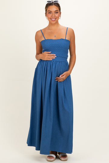 Blue Chambray Smocked Top Maternity Maxi Skirt Set