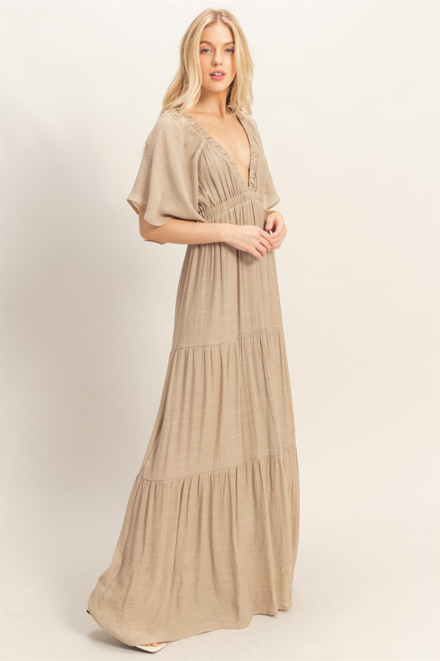 Taupe Flutter Sleeve Maxi Dress