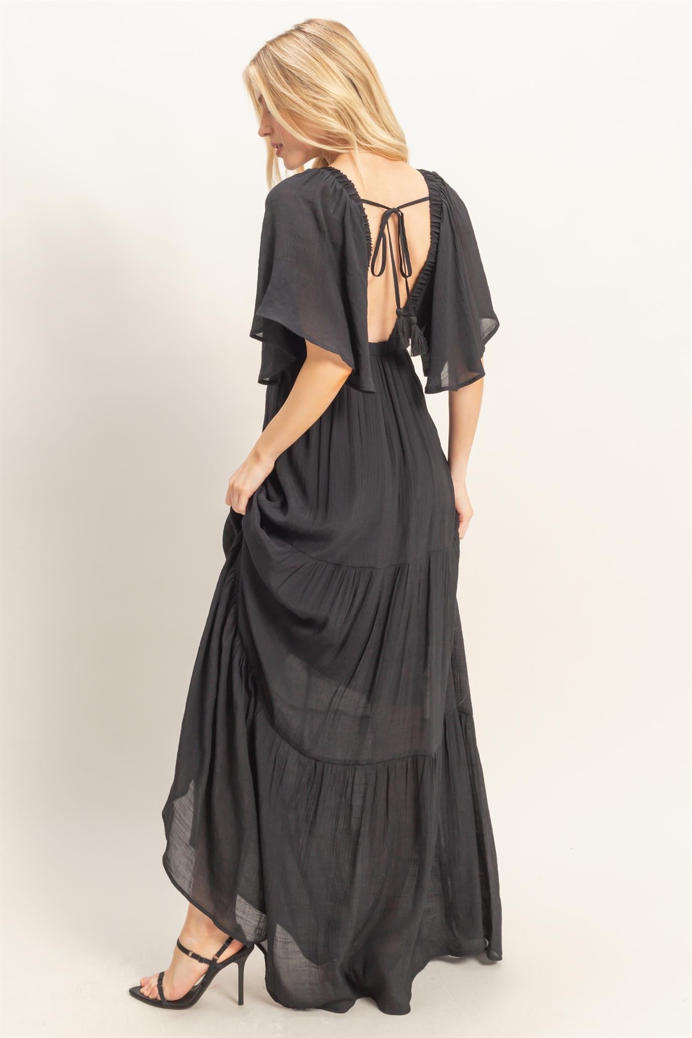 Black Flutter Sleeve Maxi Dress