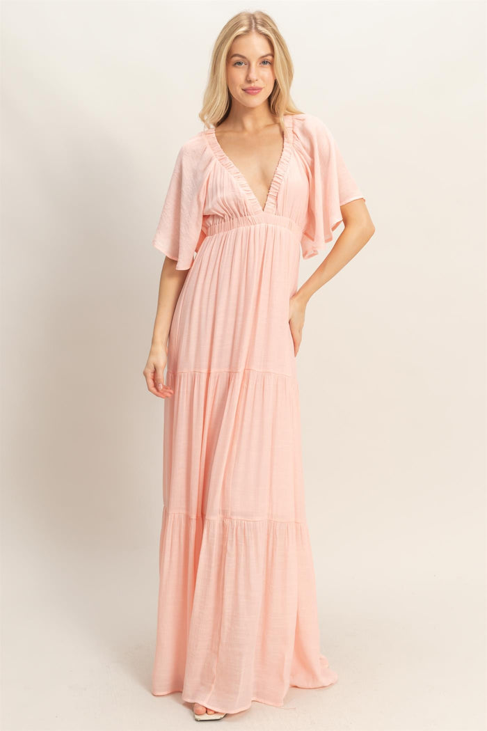 Light Pink Flutter Sleeve Maternity Maxi Dress