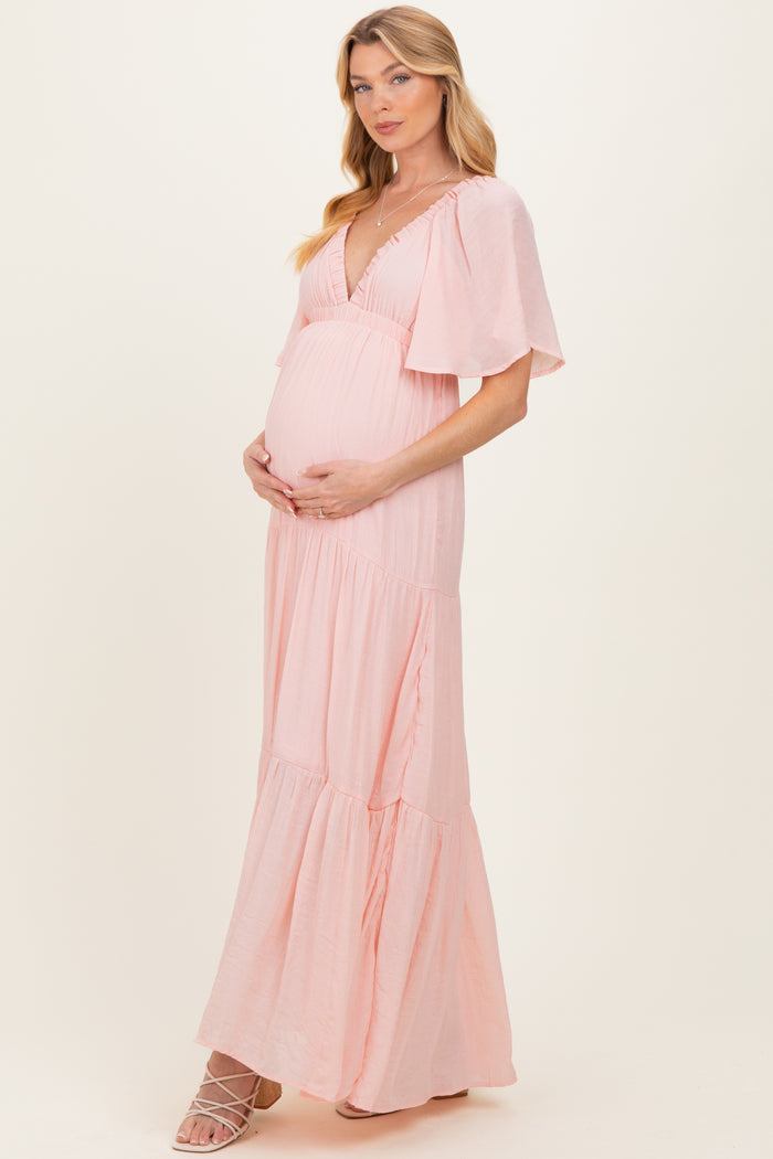 Light Pink Flutter Sleeve Maternity Maxi Dress