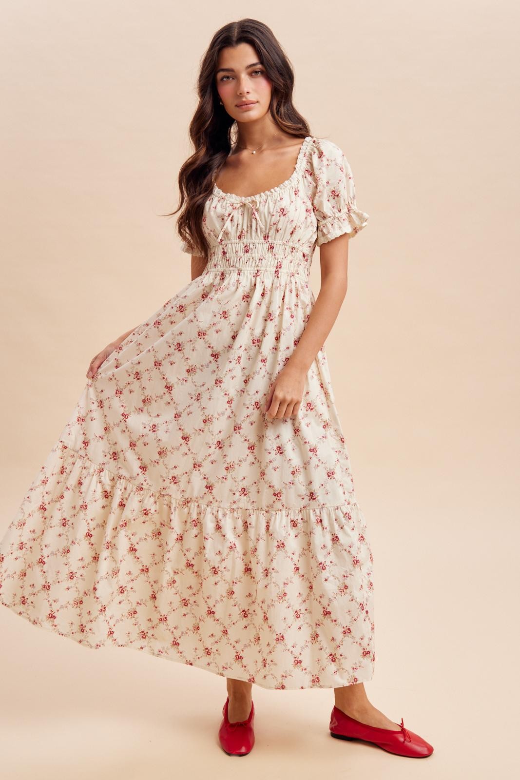 Red Floral Smocked Maxi Dress