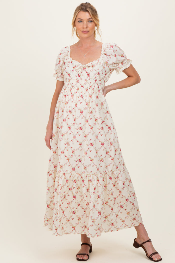 Red Floral Smocked Maternity Maxi Dress