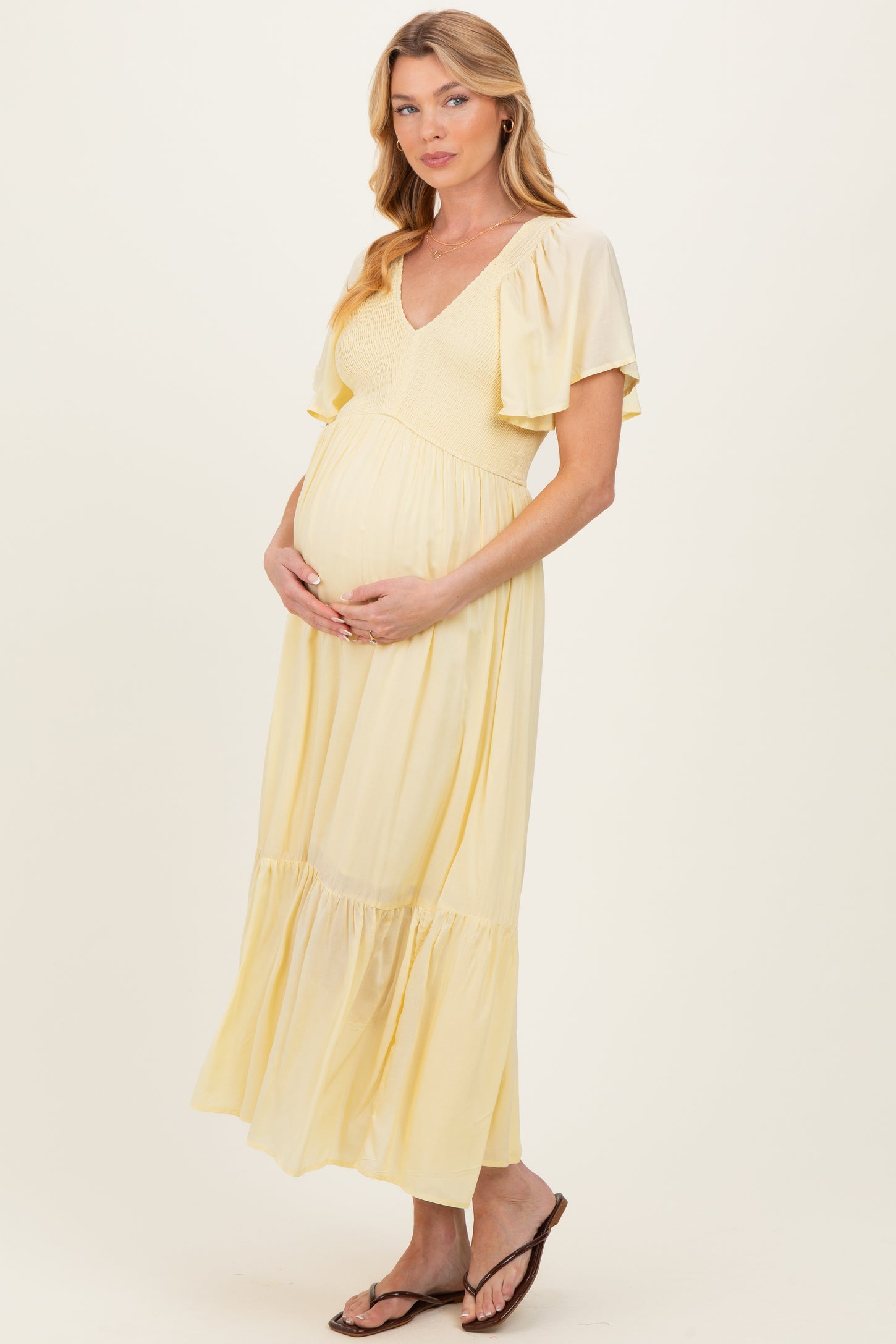Yellow Smocked Maternity Midi Dress