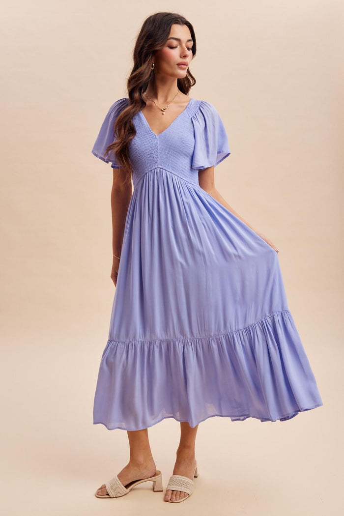 Blue Smocked Midi Dress