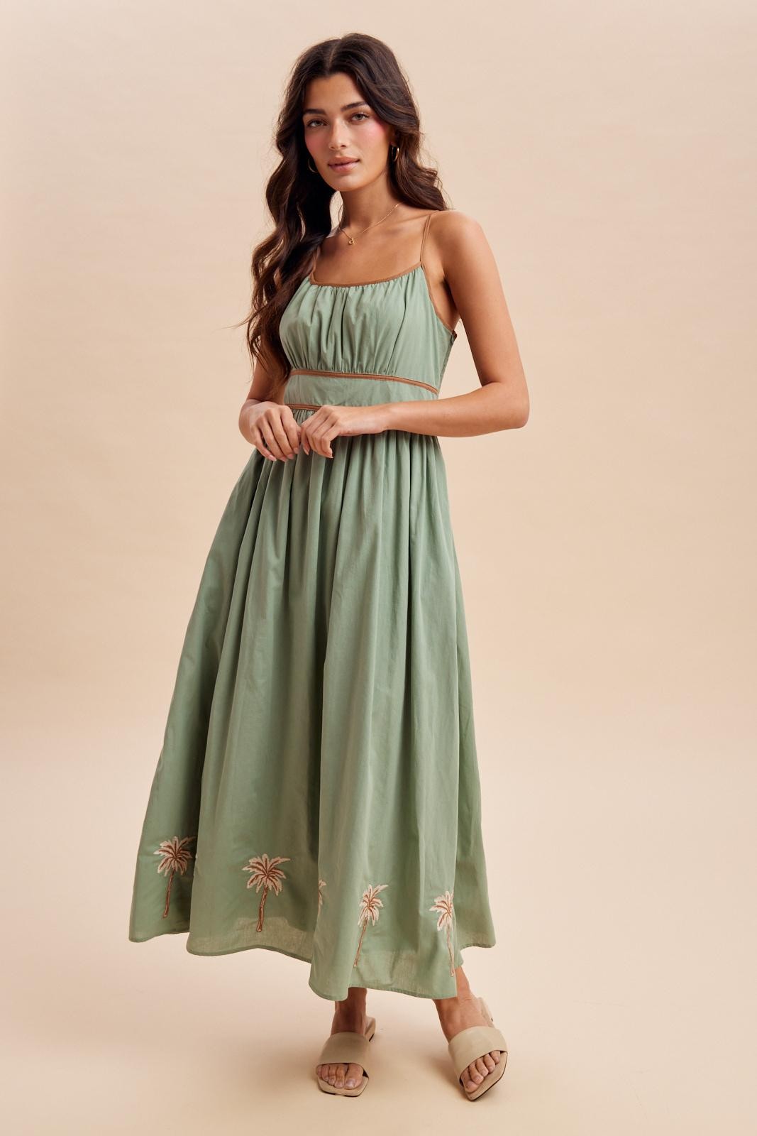 Sage Embroidered Contrast Sleeveless Maxi Dress