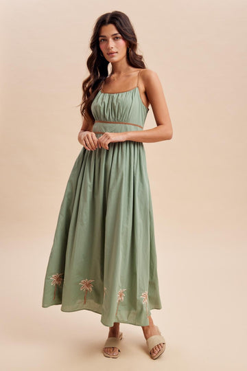Sage Embroidered Contrast Sleeveless Maxi Dress
