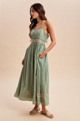 Sage Embroidered Contrast Sleeveless Maxi Dress