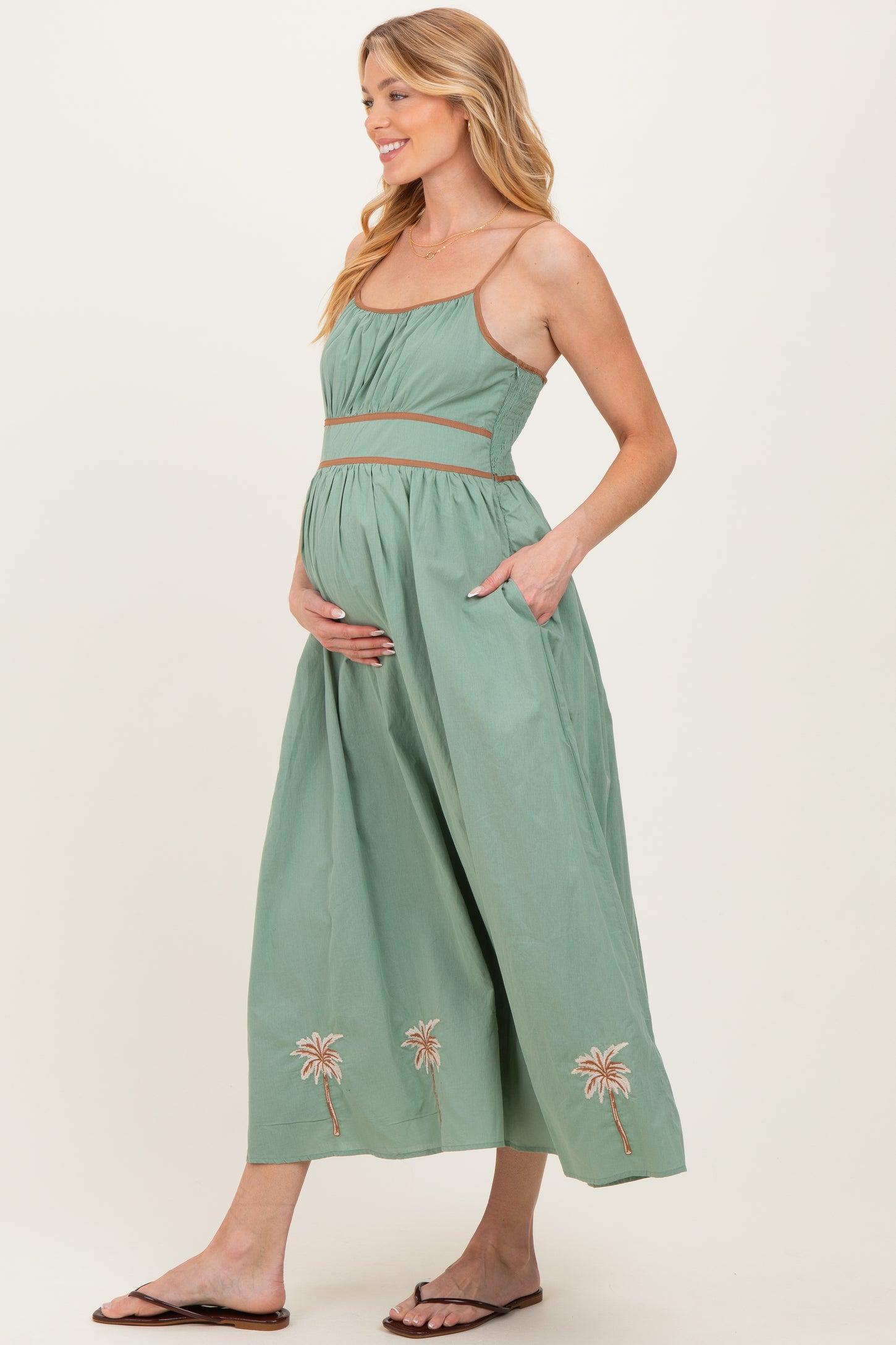 Sage Embroidered Contrast Sleeveless Maternity Maxi Dress
