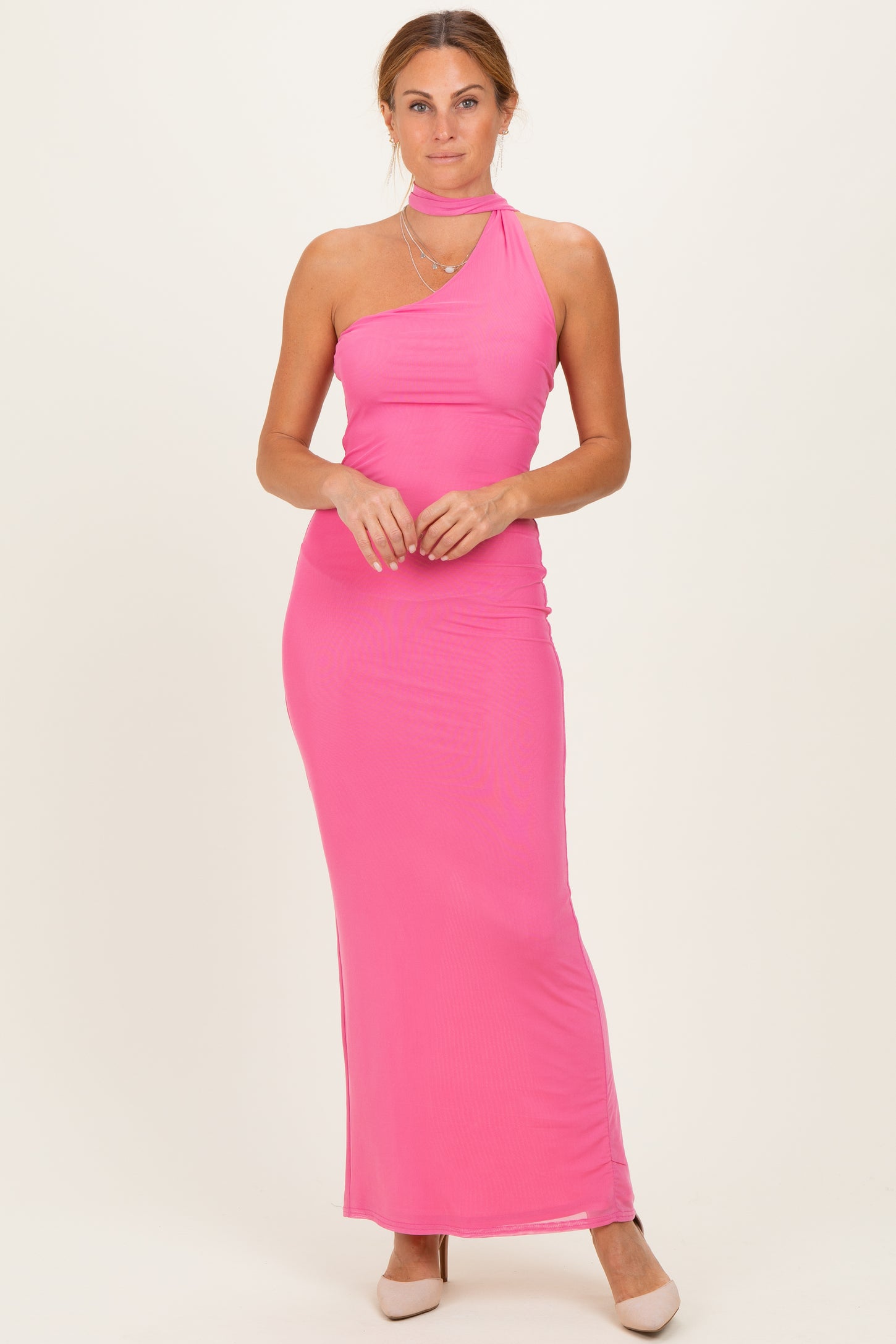 Pink Mesh Overlay Halter Maxi Dress