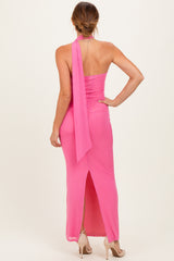 Pink Mesh Overlay Halter Maxi Dress