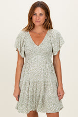 Sage V Neck Smocked Bodice Ditsy Print Dress