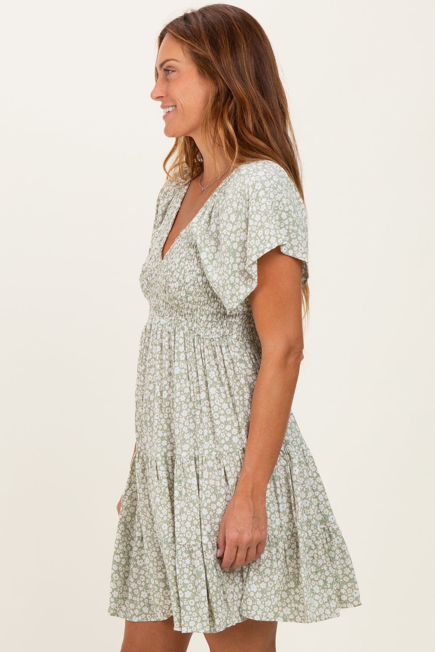 Sage V Neck Smocked Bodice Ditsy Print Dress