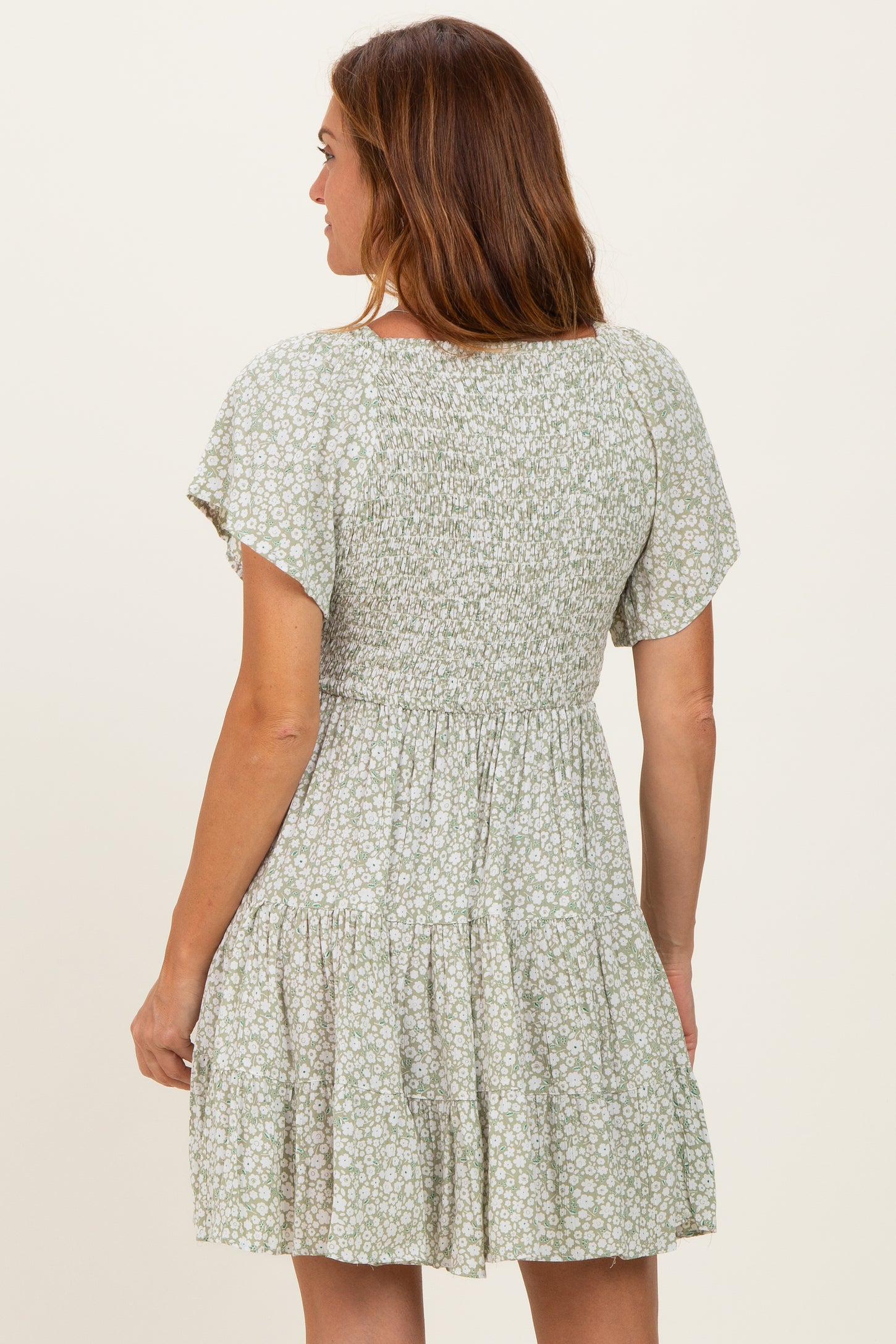 Sage V Neck Smocked Bodice Ditsy Print Dress