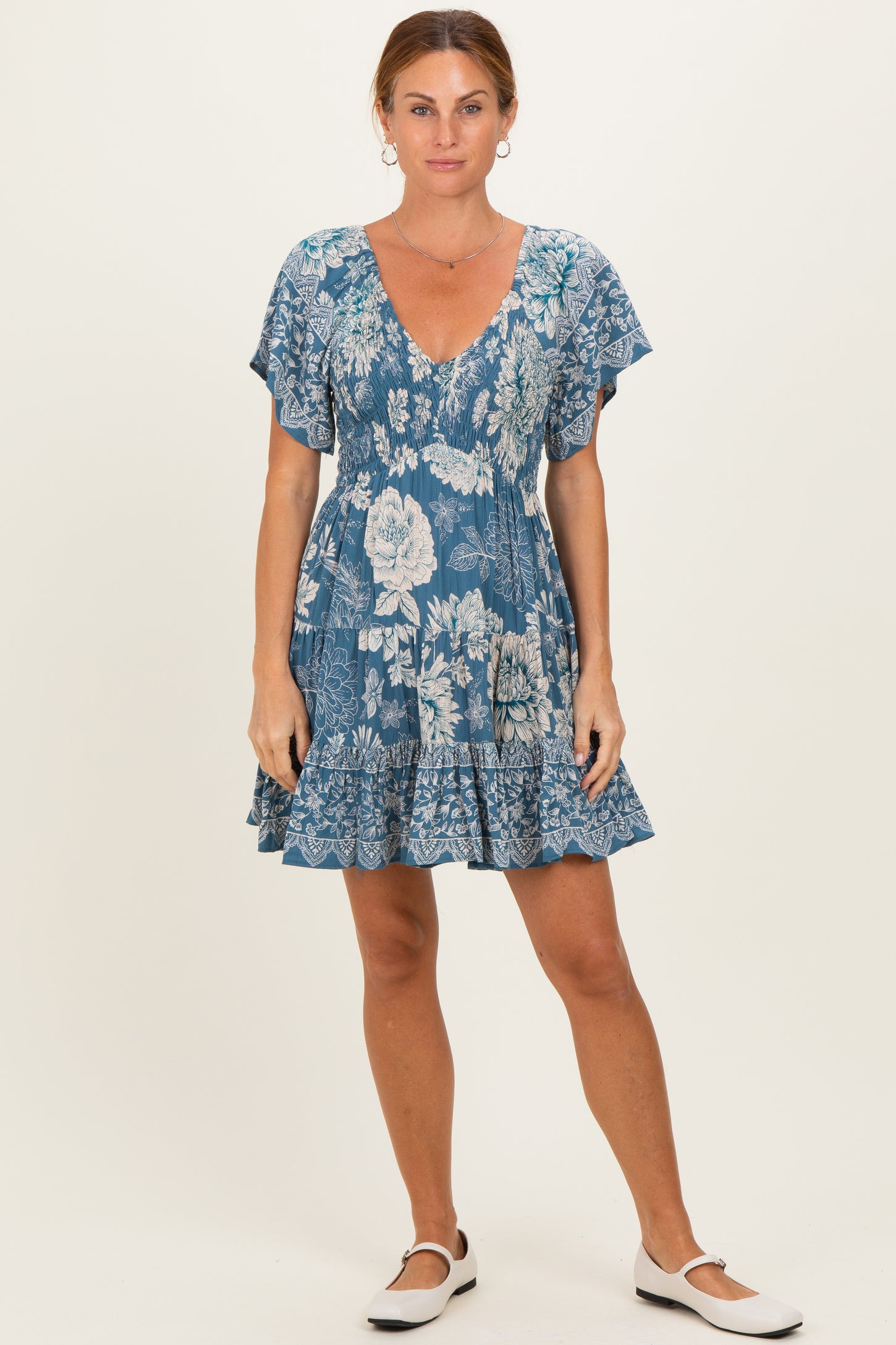 Green Short Sleeve Floral Smocked Bodice Dress