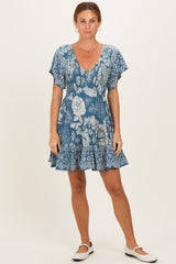Green Short Sleeve Floral Smocked Bodice Dress