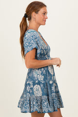 Green Short Sleeve Floral Smocked Bodice Dress