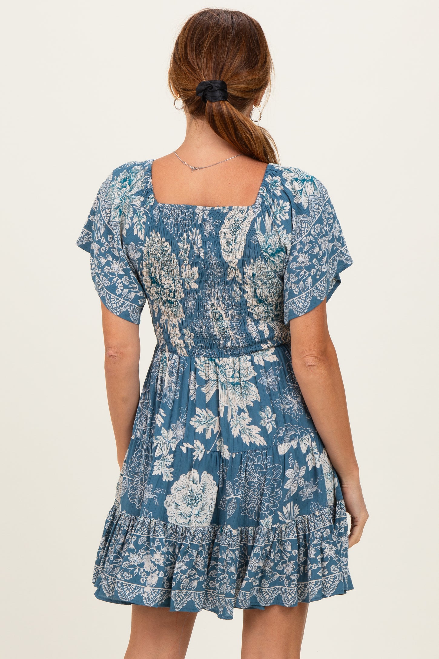 Green Short Sleeve Floral Smocked Bodice Dress