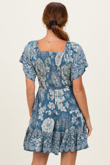 Green Short Sleeve Floral Smocked Bodice Dress