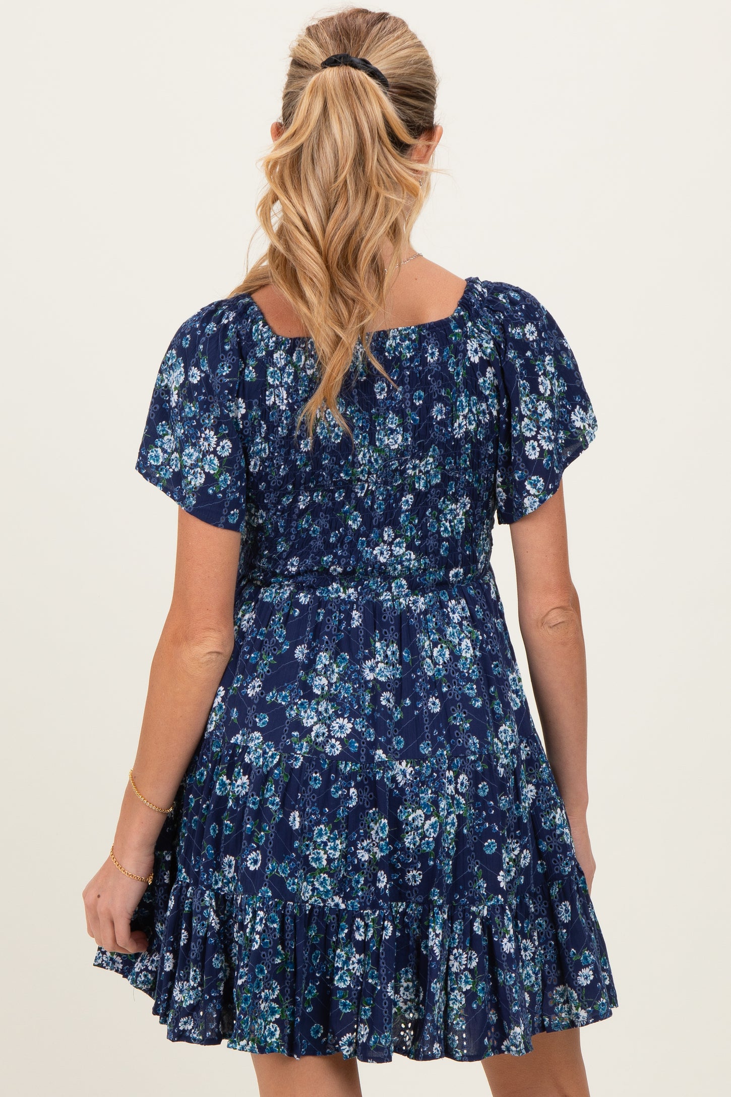 Blue Eyelet Embroidered Printed V Neck Maternity Dress