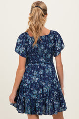 Blue Eyelet Embroidered Printed V Neck Maternity Dress