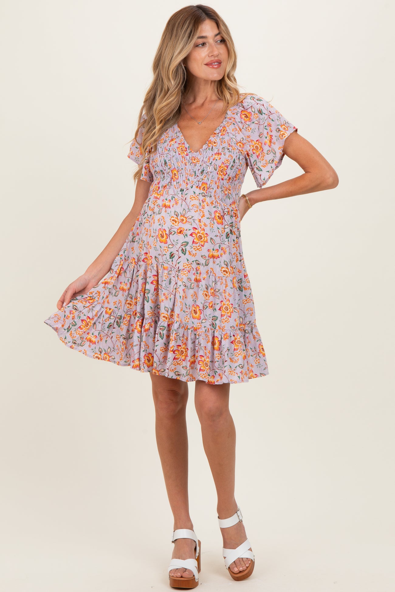 Lavender V Neck Smocked Bodice Floral Print Maternity Dress