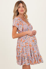 Lavender V Neck Smocked Bodice Floral Print Maternity Dress