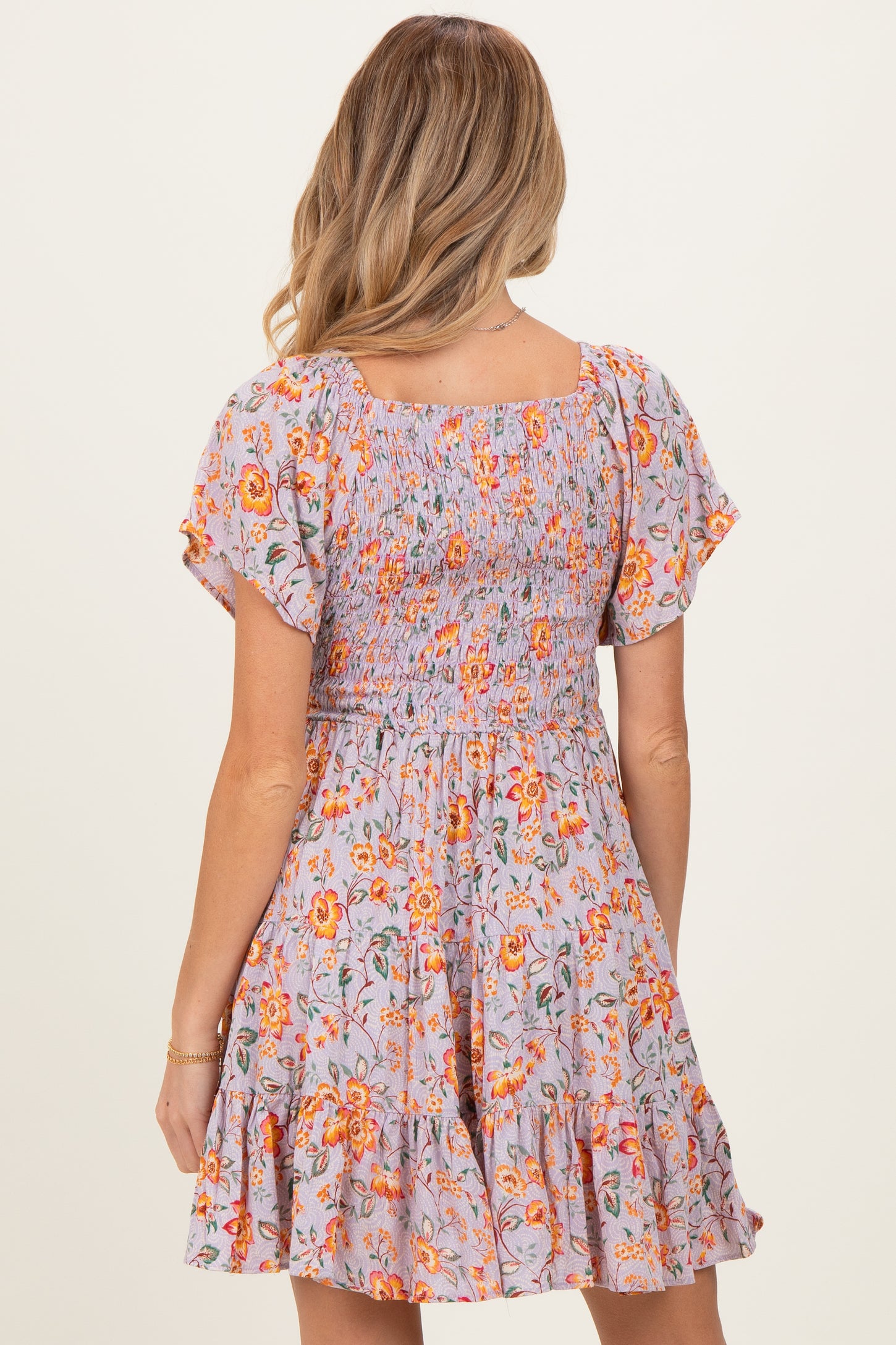 Lavender V Neck Smocked Bodice Floral Print Maternity Dress