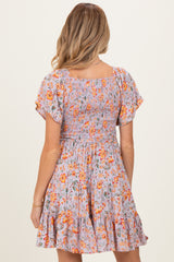 Lavender V Neck Smocked Bodice Floral Print Maternity Dress