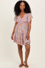 Lavender V Neck Smocked Bodice Floral Print Maternity Dress