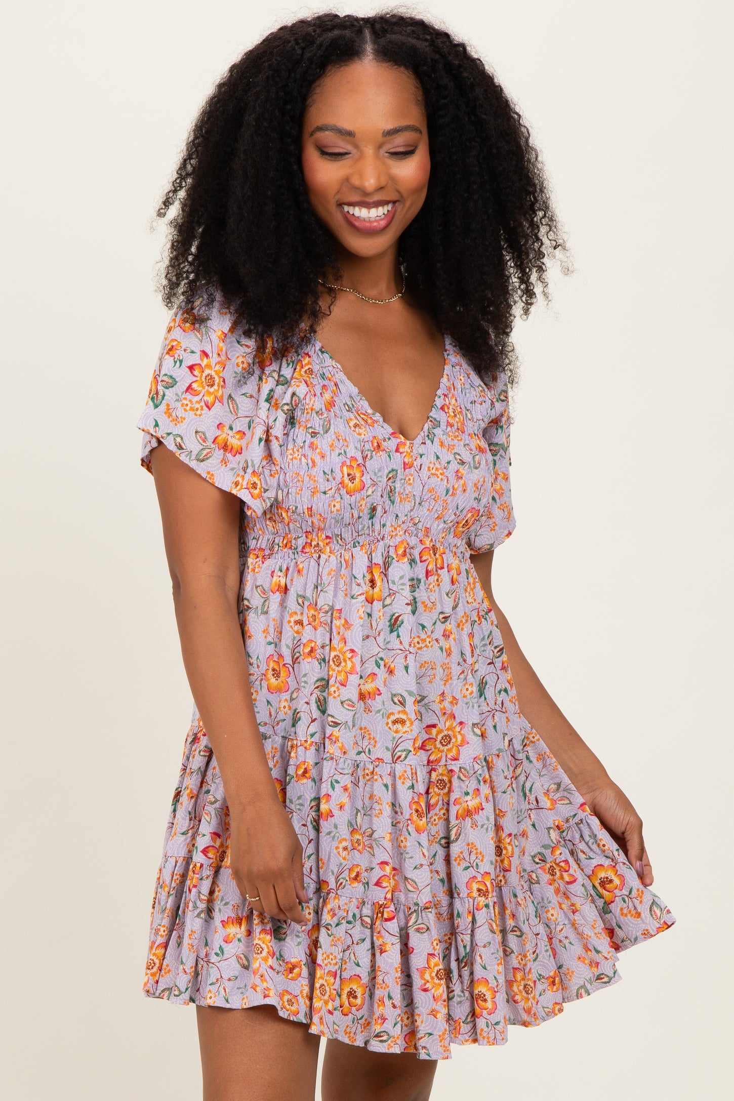 Lavender V Neck Smocked Bodice Floral Print Dress
