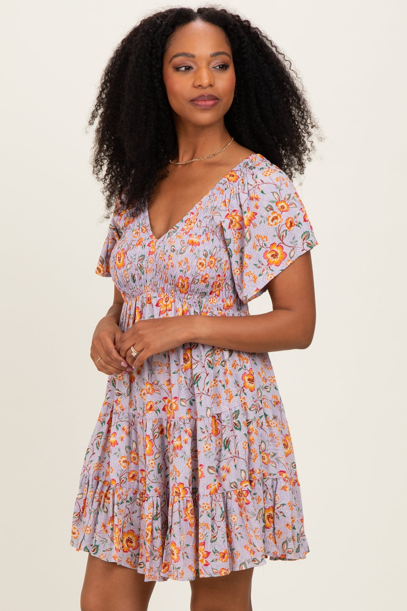 Lavender V Neck Smocked Bodice Floral Print Dress