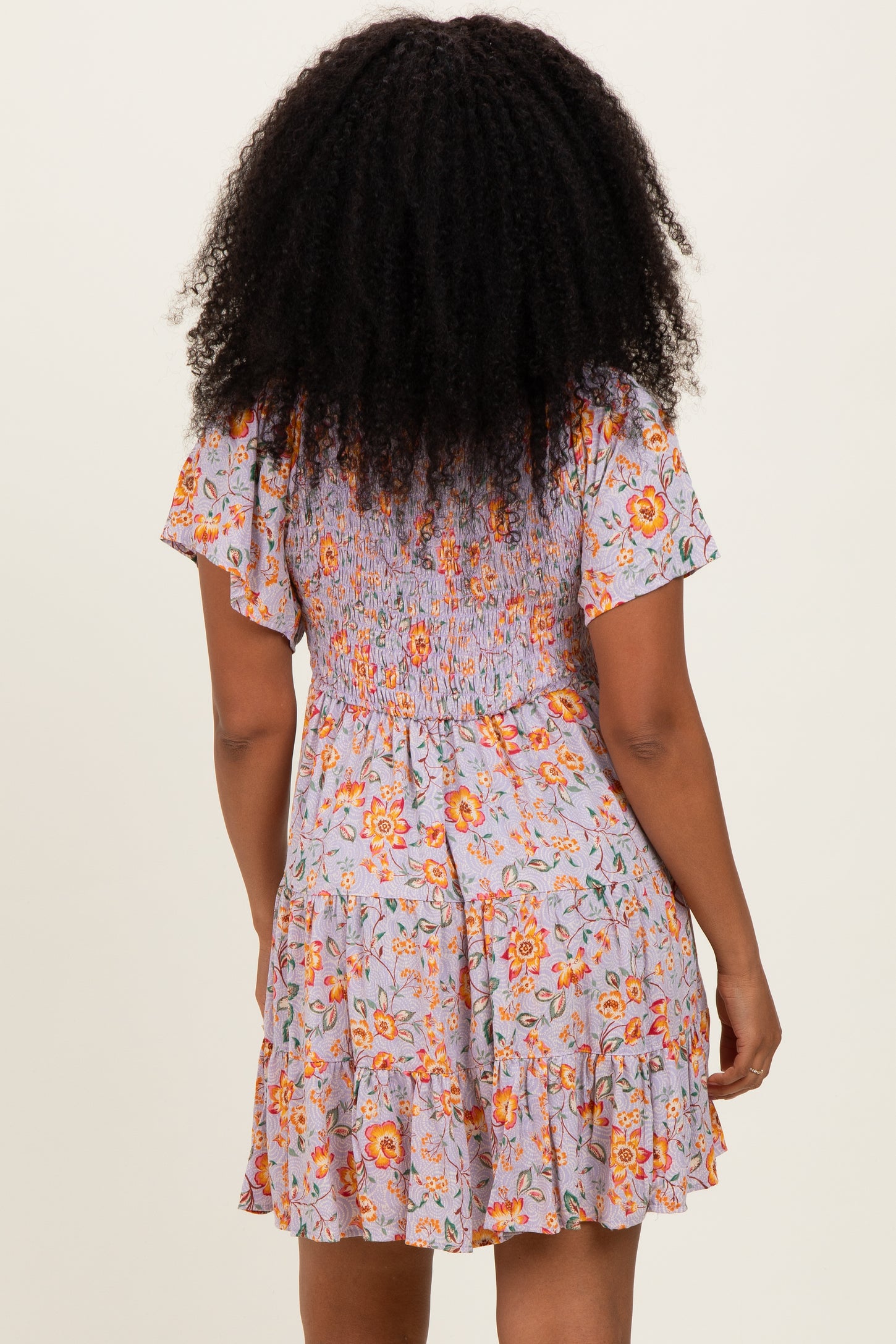 Lavender V Neck Smocked Bodice Floral Print Dress