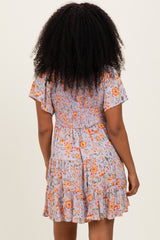Lavender V Neck Smocked Bodice Floral Print Dress