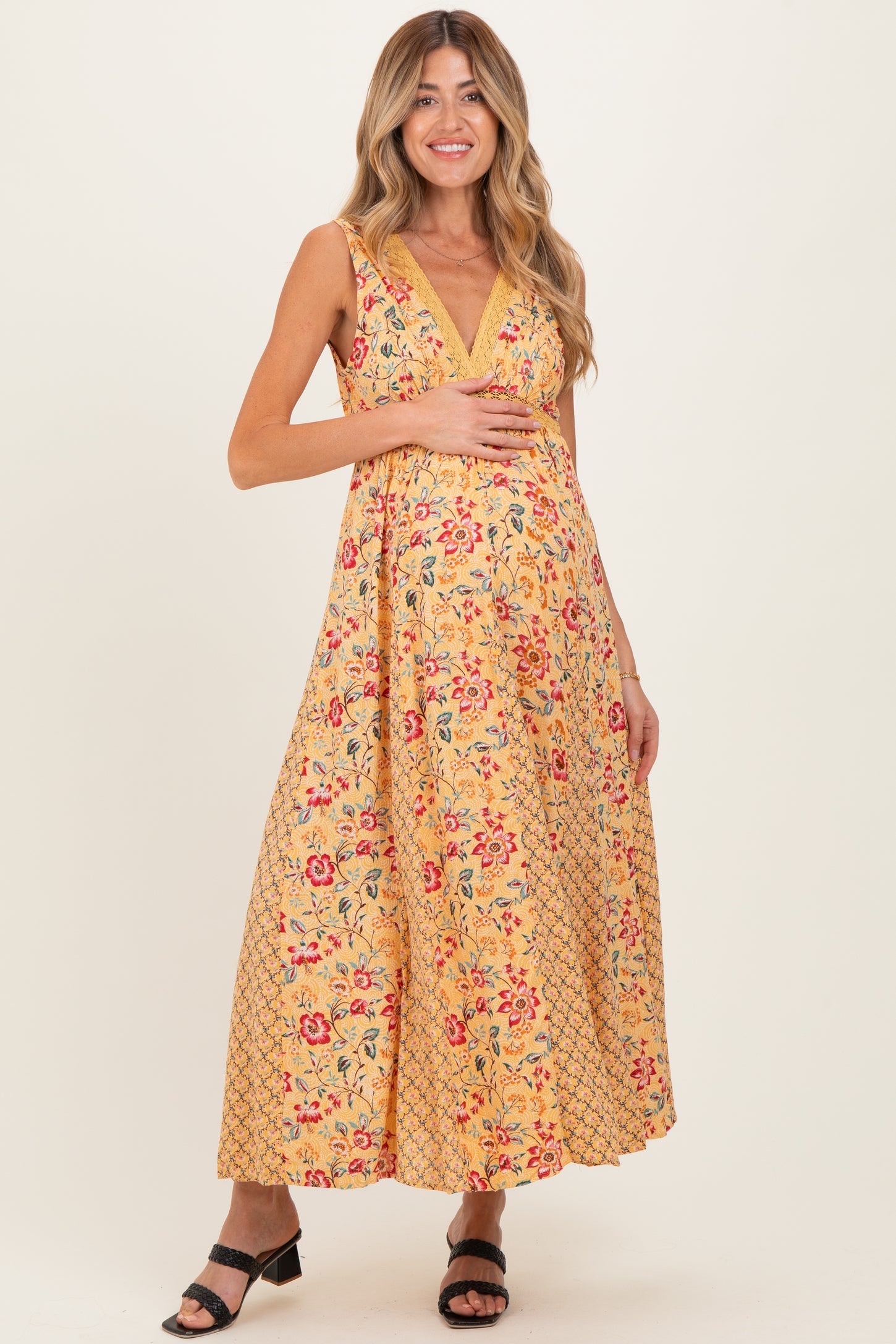 Yellow V Neck Lace Trim Twin Print Maternity  Maxi Tank Dress