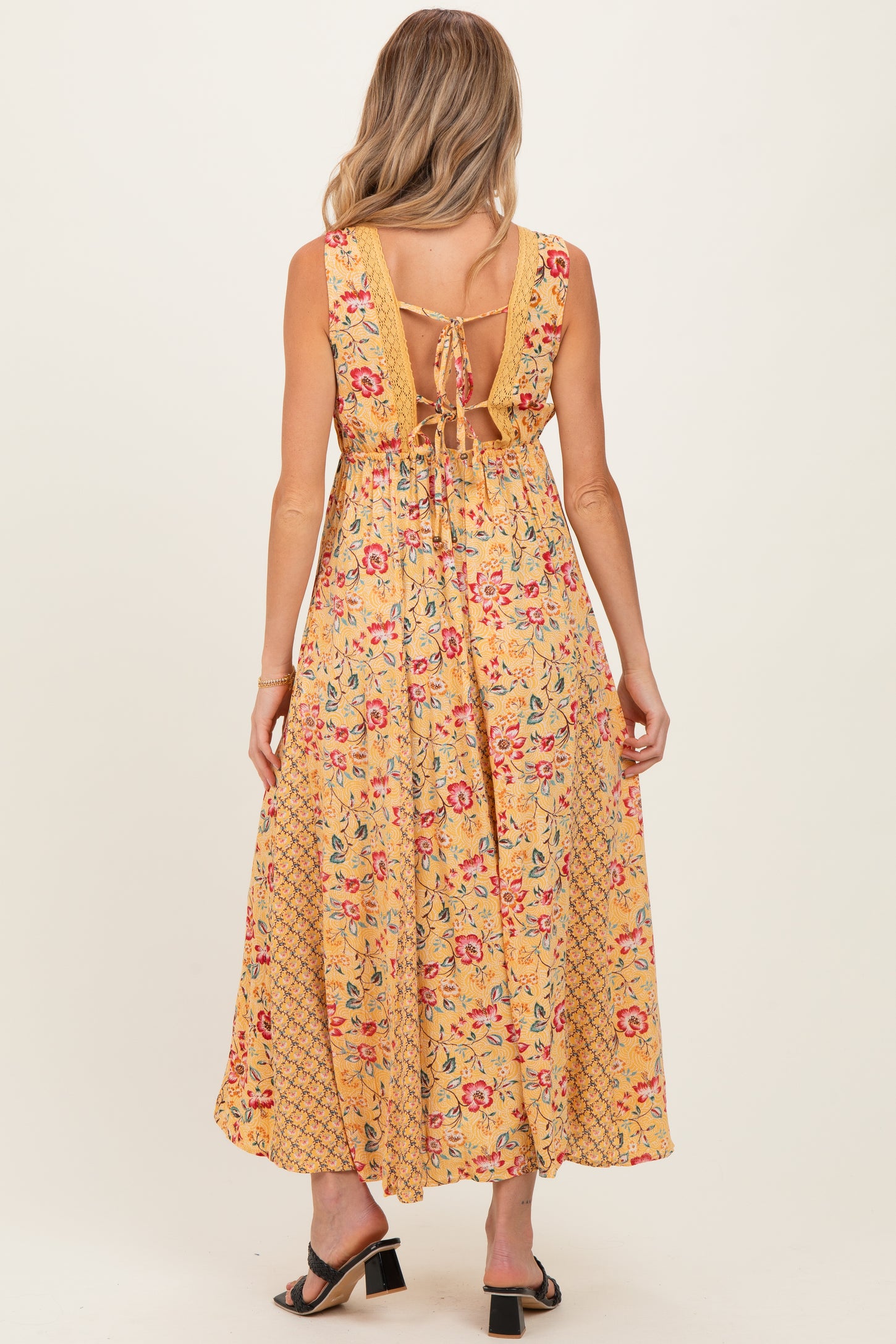 Yellow V Neck Lace Trim Twin Print Maternity  Maxi Tank Dress