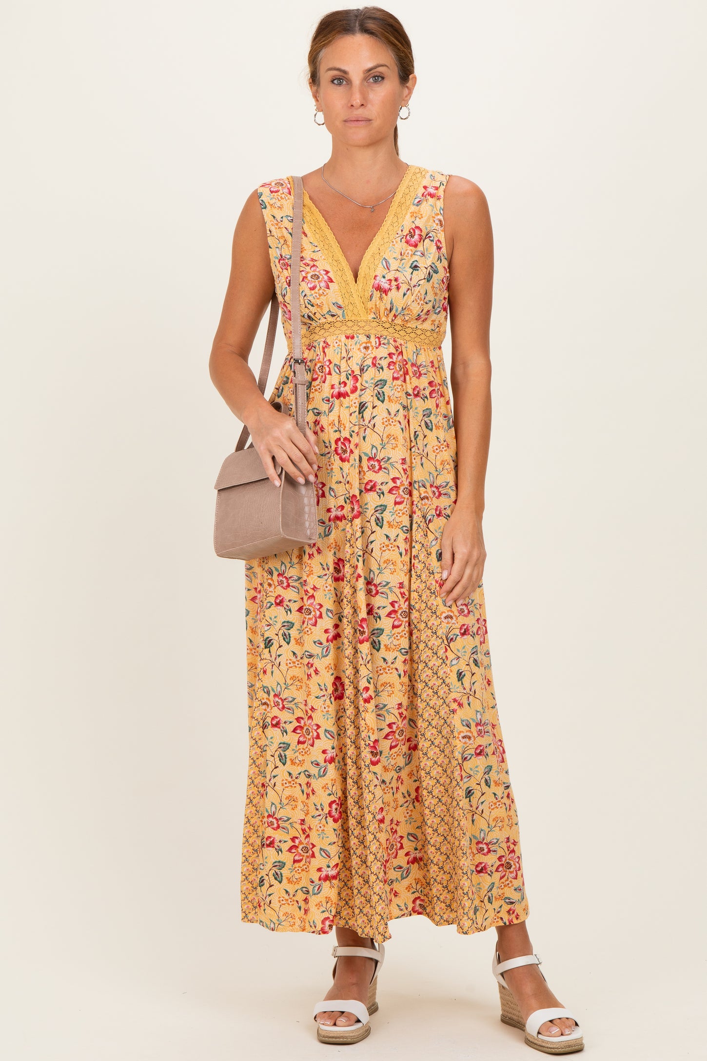 Yellow V Neck Lace Trim Twin Print Maxi Tank Dress
