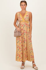 Yellow V Neck Lace Trim Twin Print Maternity  Maxi Tank Dress
