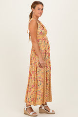 Yellow V Neck Lace Trim Twin Print Maxi Tank Dress