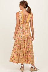 Yellow V Neck Lace Trim Twin Print Maxi Tank Dress