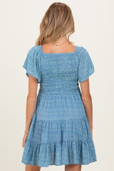 Blue V Neck Smocked Bust Short Sleeve Short Maternity  Dress