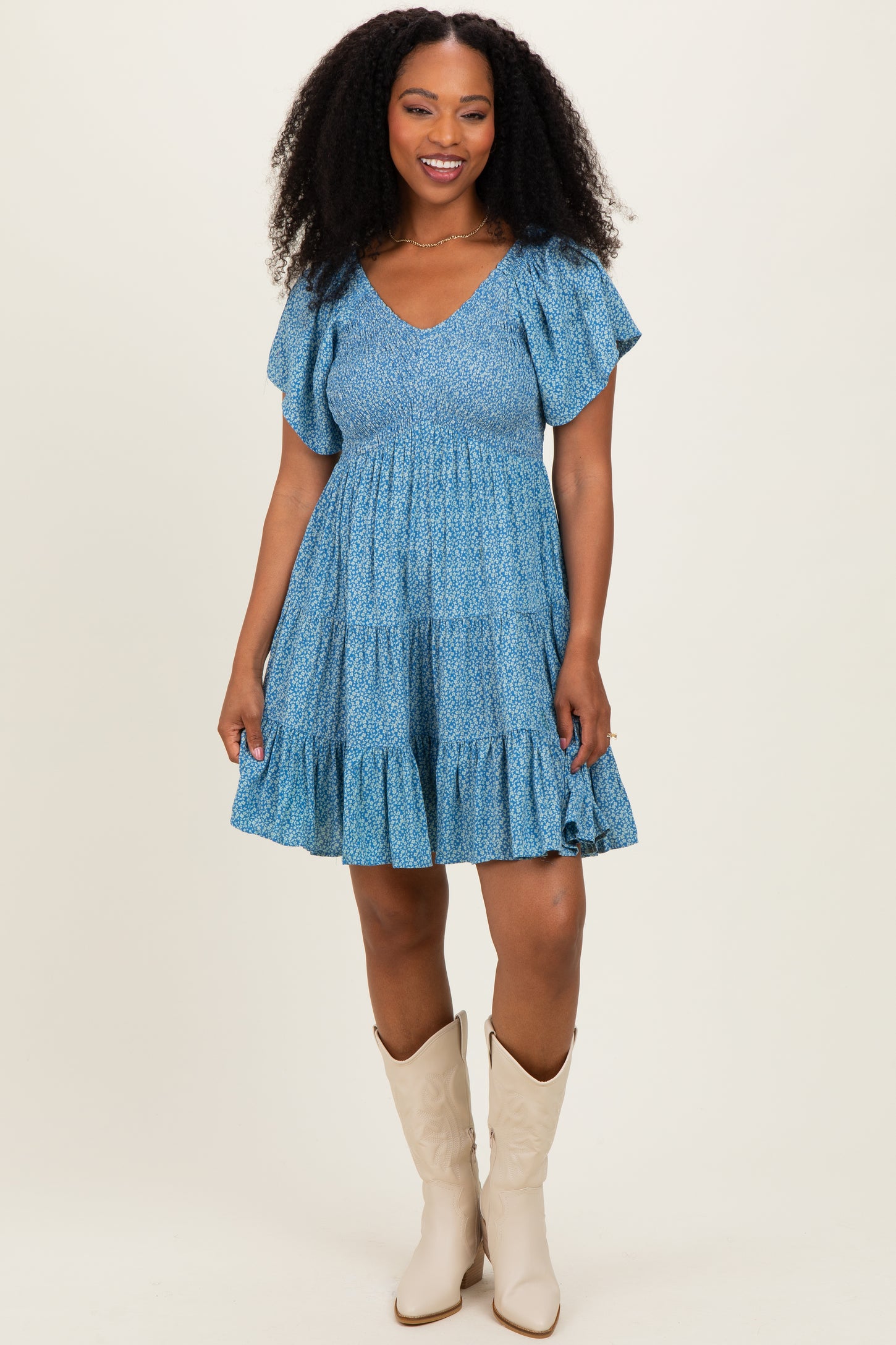 Blue V Neck Smocked Bust Short Sleeve Short Dress