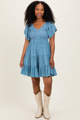 Blue V Neck Smocked Bust Short Sleeve Short Dress