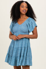 Blue V Neck Smocked Bust Short Sleeve Short Dress